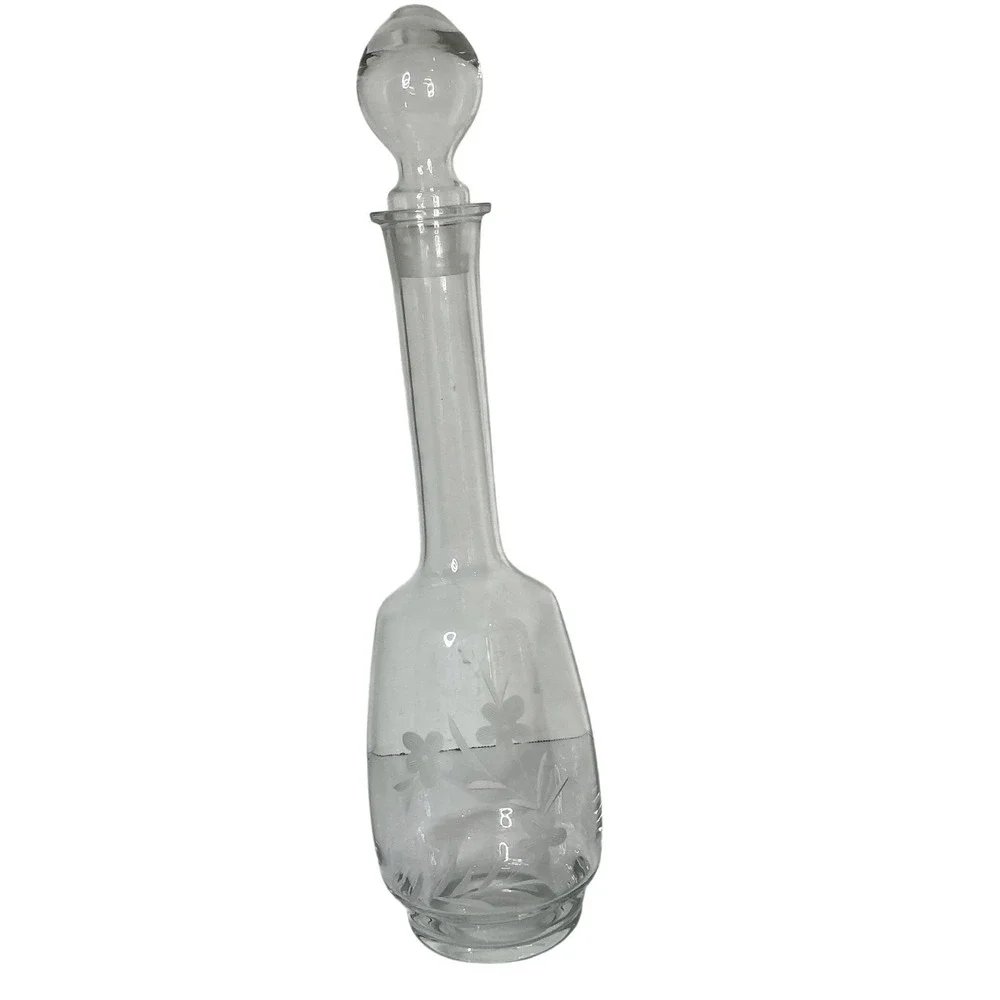 Vintage Etched Floral‎ Glass Decanter with Stopper Long Neck Clear Barware 15 in